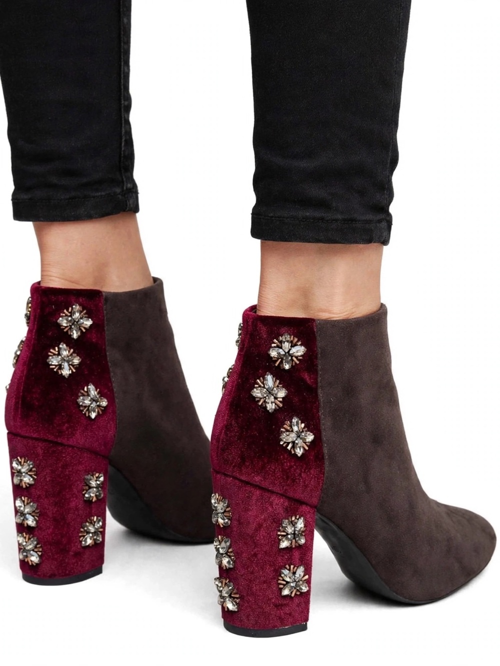 Farylrobin Teigan Jeweled Velvet Block Heel Ankle Booties Burgundy Grey